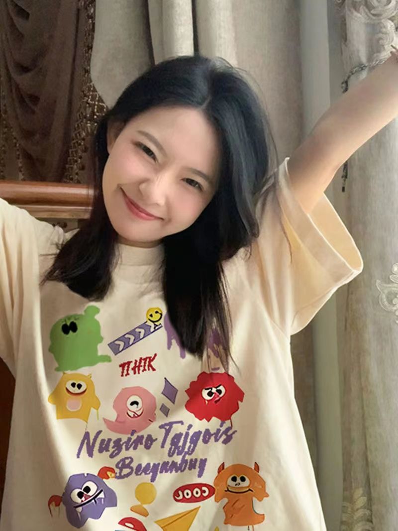 100%純棉杏色短袖t恤女學生設計感小眾oversize寬鬆半袖上衣ins潮