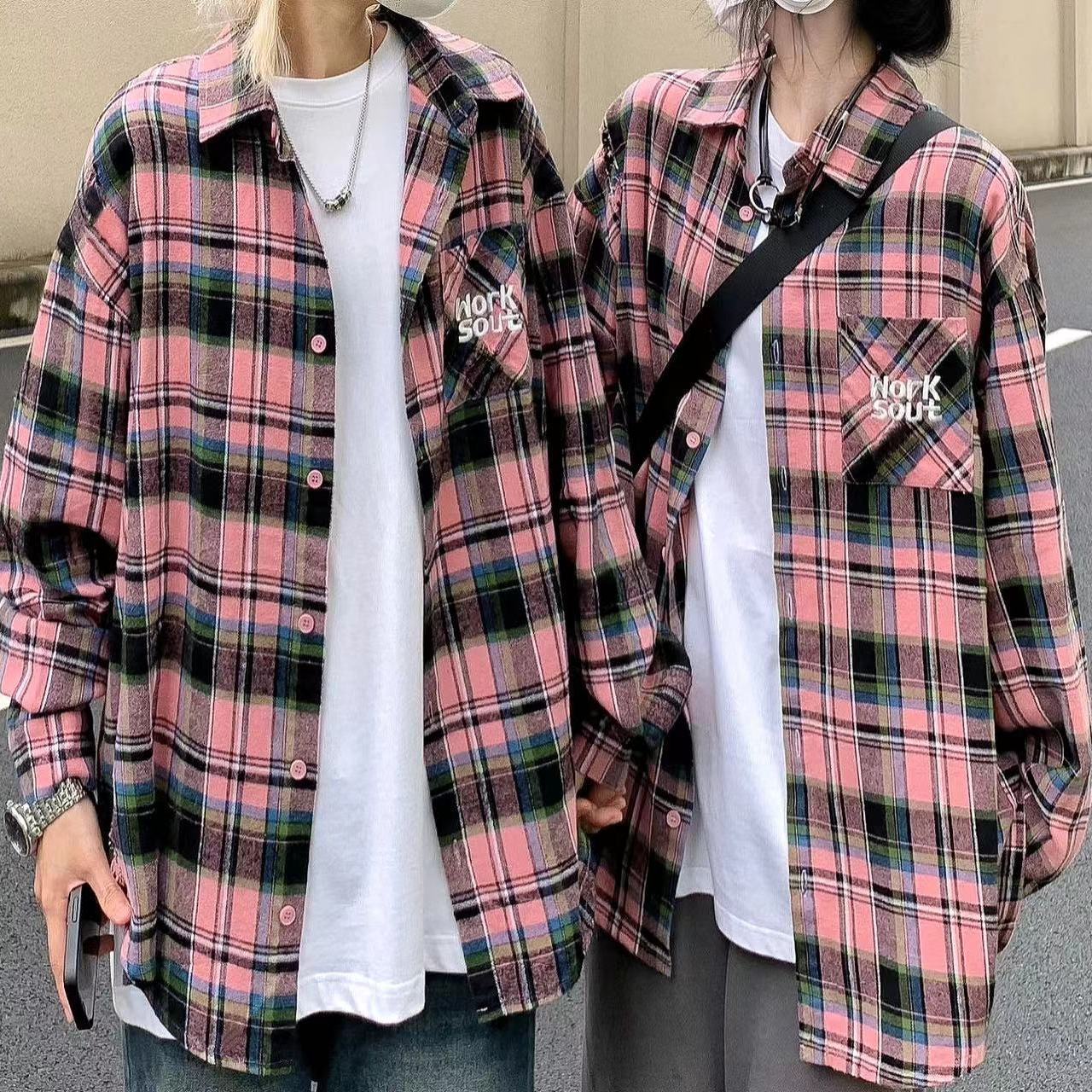 2023春秋款港味復古chic粉綠色格子襯衫女寬鬆休閒慵懶風襯衣開衫