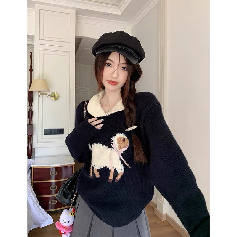 XJ家娃娃領毛衣女裝秋季2023新款法式小眾設計感減齡撞色針織上衣
