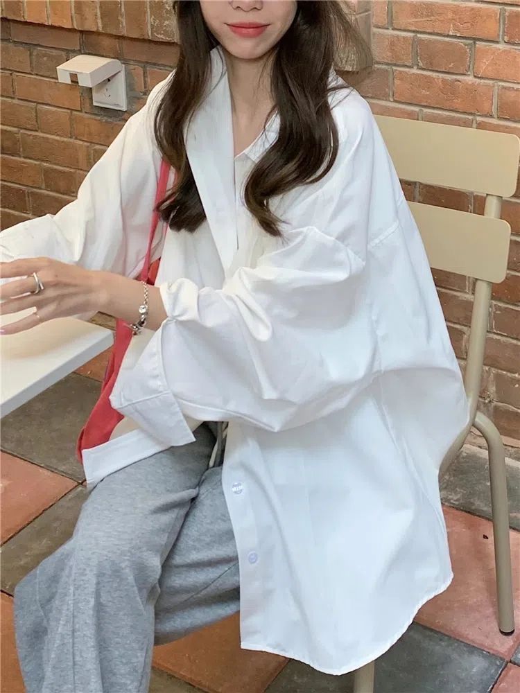 2023新款韓系長袖白色襯衫春秋防曬衣女寬鬆外套百搭襯衣上衣夏