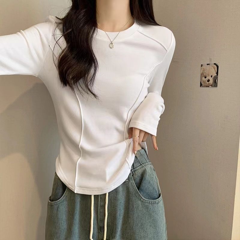 德絨長袖打底衫女秋季新款修身顯瘦魚骨設計感洋氣磨毛內搭上衣潮