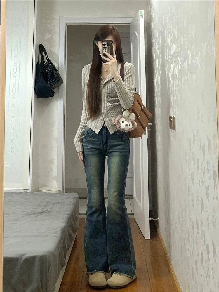 美式復古藍色毛邊微喇叭牛仔褲女春秋做舊高個子加長拖地馬蹄褲子