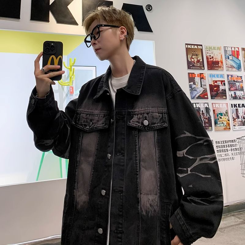 做舊重磅牛仔外套男春秋季ins美式高街痞帥上衣寬鬆潮牌工裝夾克
