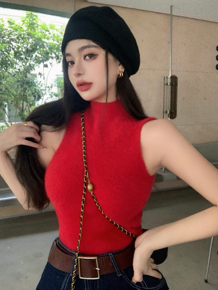 紅色針織半高領吊帶背心女裝秋季辣妹無袖短款內搭修身上衣打底衫