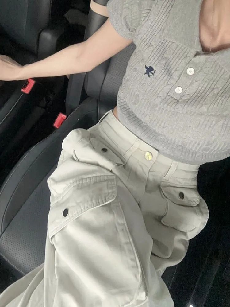 沙白色多口袋工裝牛仔褲女秋季新款美式高街顯瘦百搭直筒休閒褲子