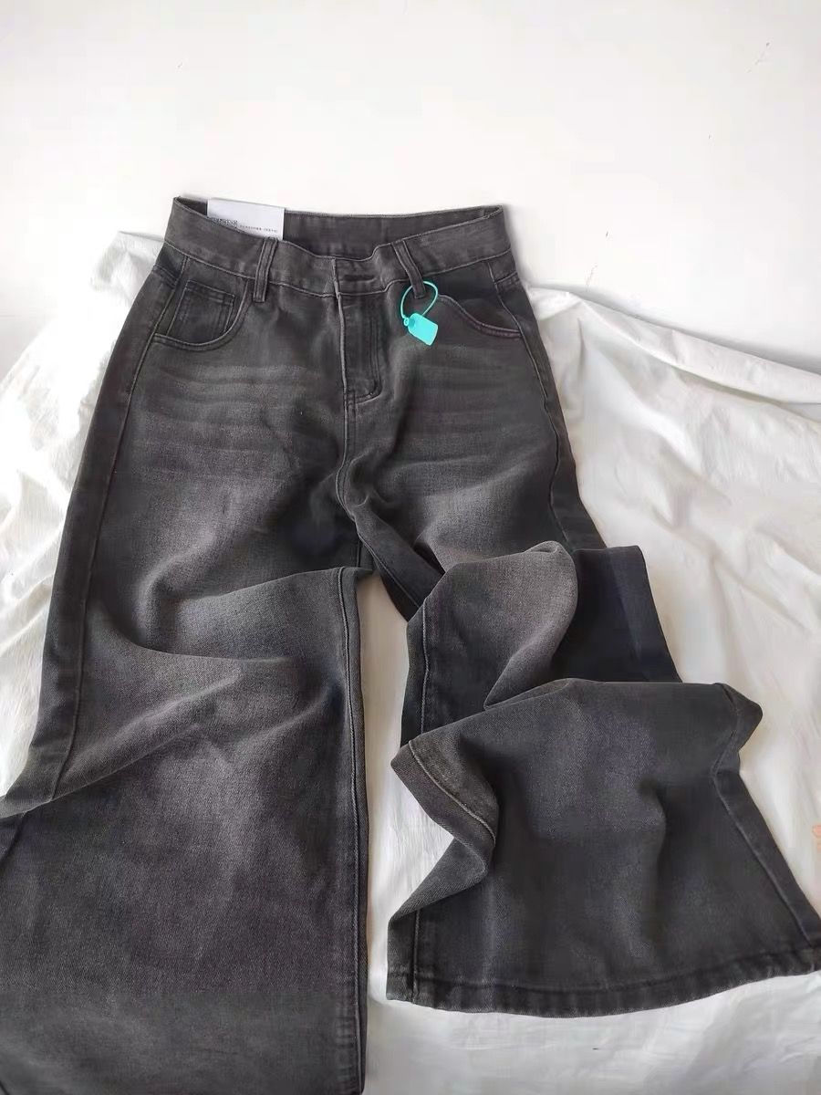 美式復古水洗黑色闊腿牛仔褲女秋冬新款簡約百搭直筒寬鬆拖地褲潮