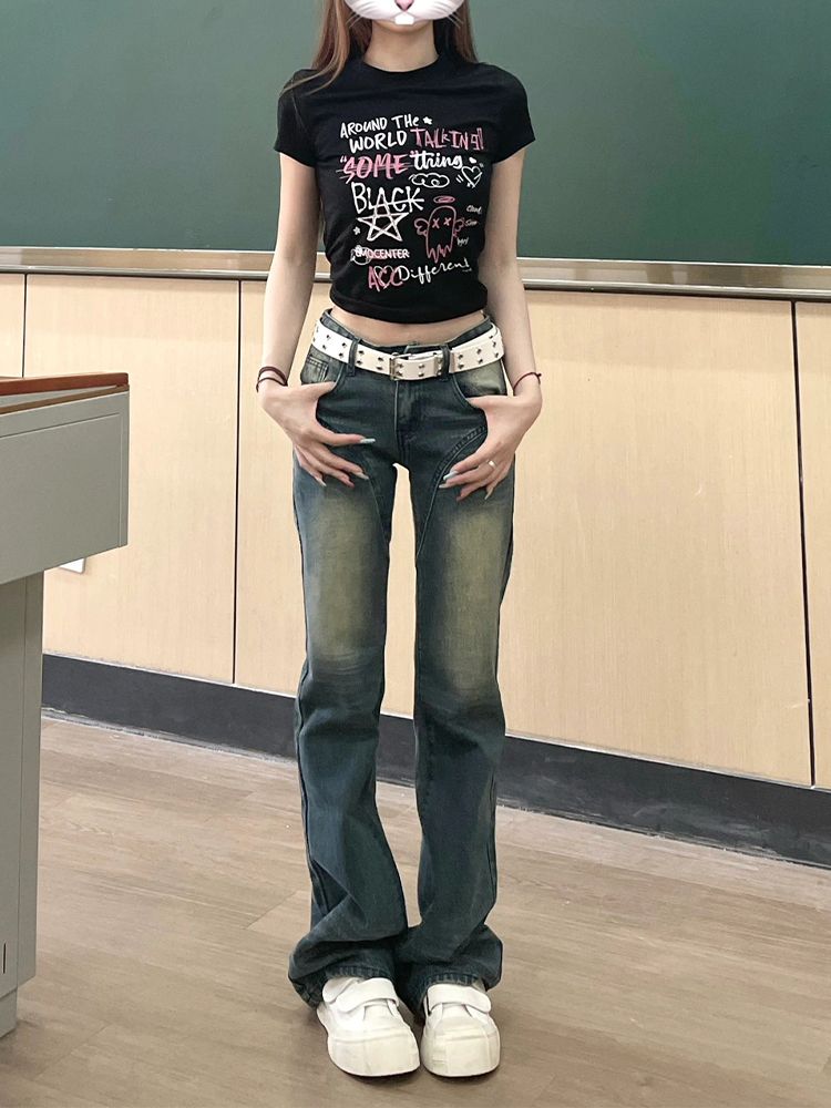 復古港風微喇叭牛仔褲女秋季新款低腰寬鬆闊腿顯瘦直筒拖地褲子潮