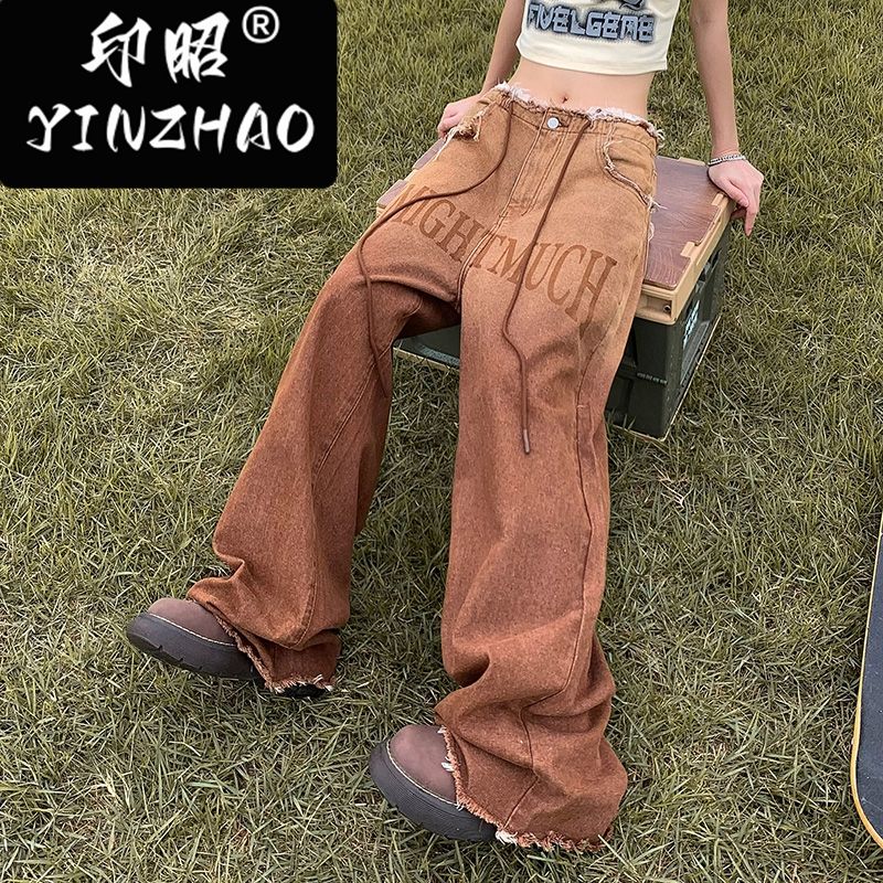 【印昭YINZHAO】美式復古褲做舊毛邊直筒寬鬆拖地棕色闊腿牛仔褲