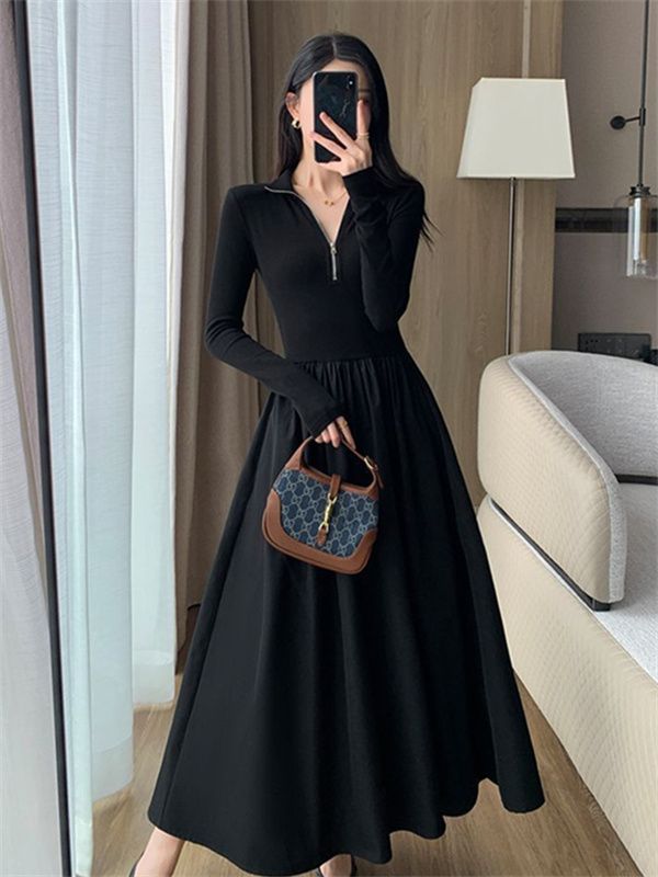 筱姿法式黑色收腰显瘦长袖连衣裙新款时尚气质赫本风假两件长裙子