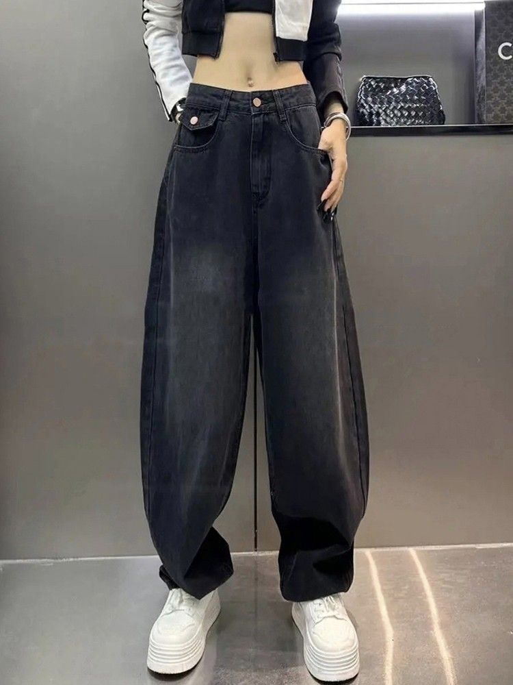 梨形身材闊腿褲牛仔褲子女2023秋季新款胖mm高腰顯瘦香蕉褲拖地褲