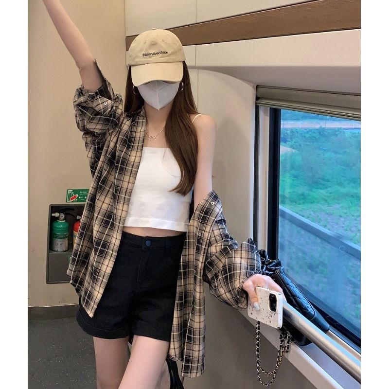 美式慵懶風寬鬆格子襯衫外套2023秋季復古翻領ins休閒長袖上衣女