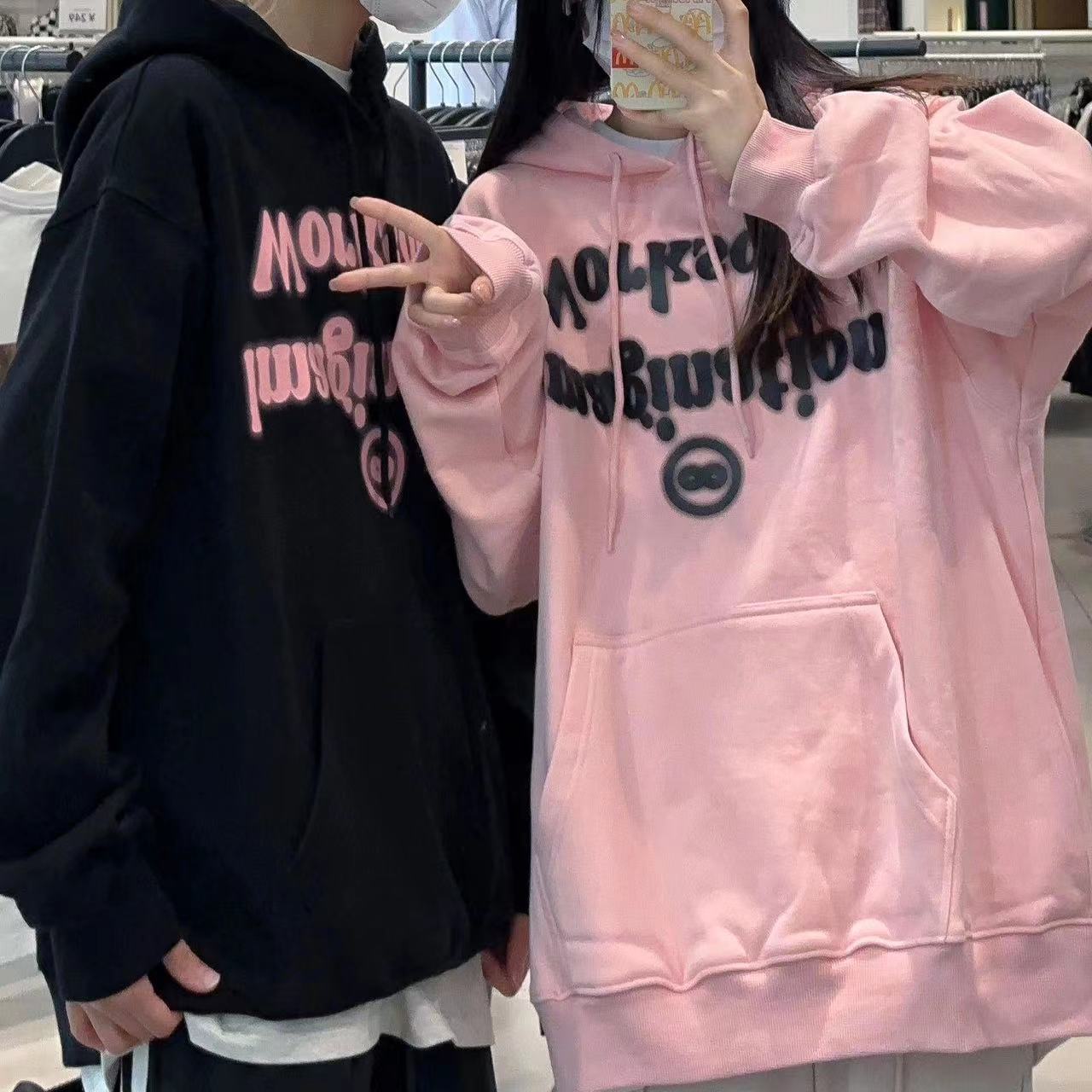 Spring and Autumn American fashion chic printed pullover hooded sweatshirt for women loose casual slim couple tops