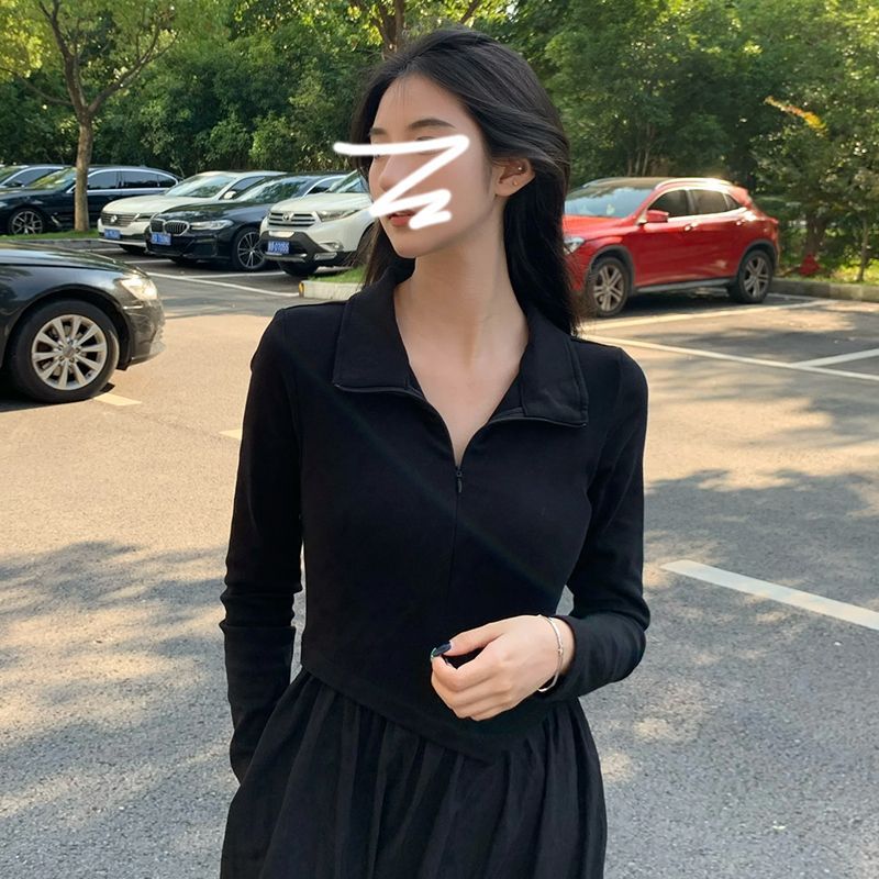 筱姿时尚2023新款黑色赫本风长袖连衣裙收腰显瘦垂坠感气质长裙子
