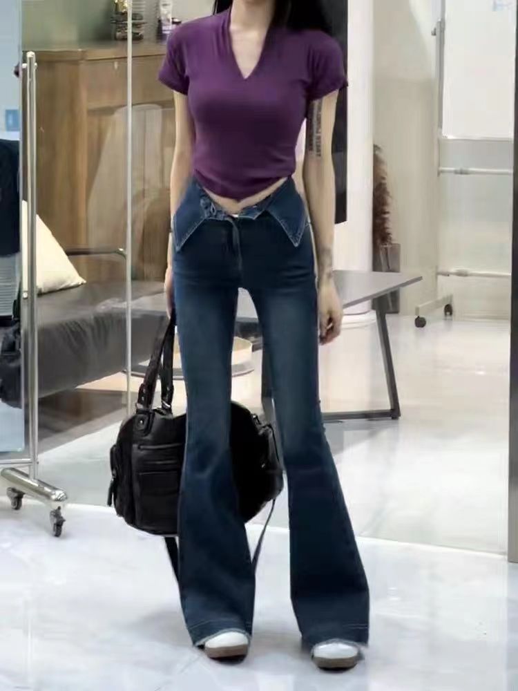 辣妹高街翻邊牛仔褲女小個子修身彈力顯瘦微喇叭褲子毛邊拖地長褲