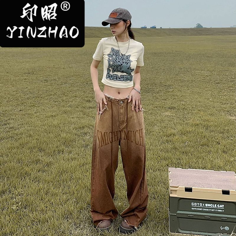 【印昭YINZHAO】棕色闊腿美式復古褲做舊毛邊直筒寬鬆拖地牛仔褲
