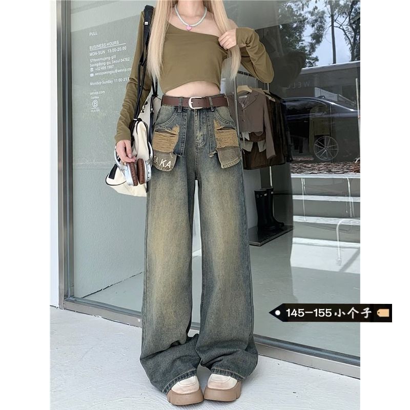 美式復古做舊高腰闊腿牛仔褲女小個子秋冬設計感直筒顯瘦寬鬆長褲