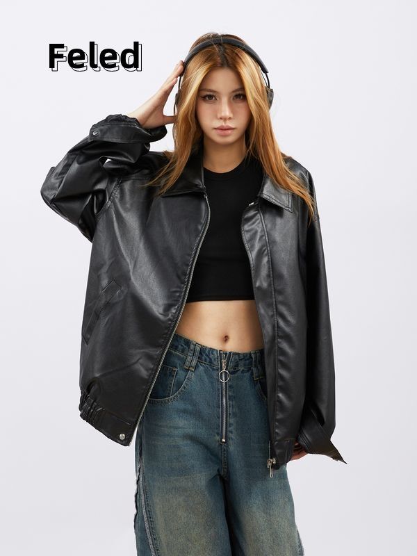Feira Denton's new versatile leather jacket for men and women, loose and slim, American retro sweet and cool motorcycle trendy jacket