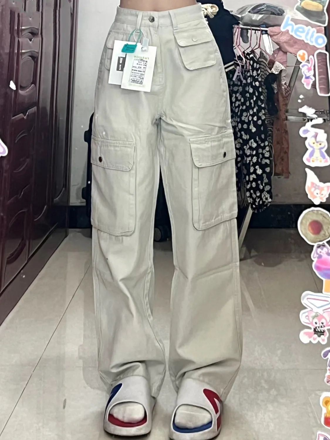 美式高街白色工裝褲女秋季新款設計感多口袋寬鬆顯瘦闊腿長褲子潮