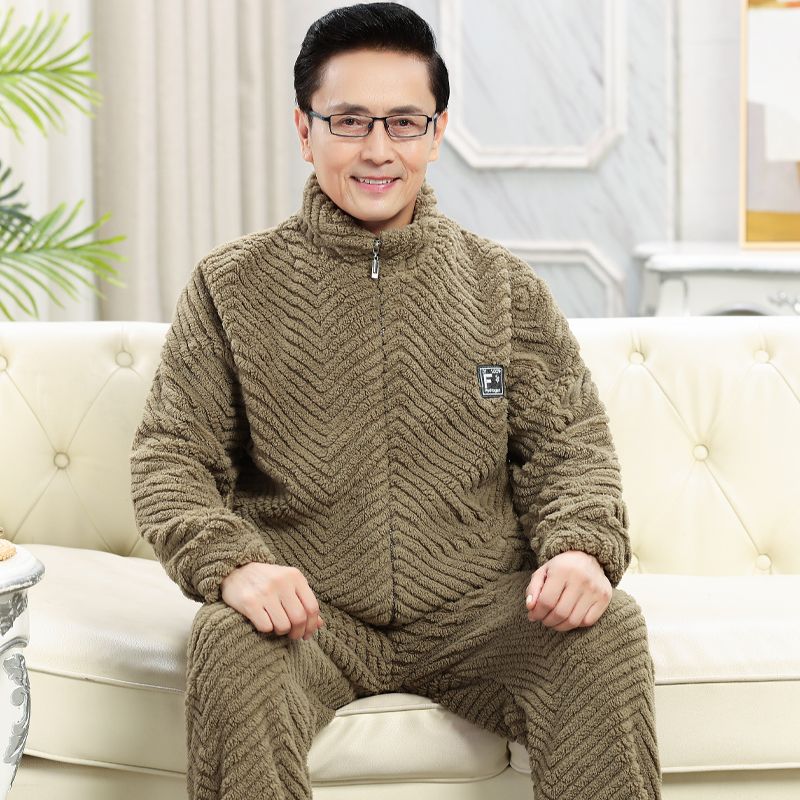 冬季法蘭絨男士睡衣加絨加厚保暖套裝中老年爸爸珊瑚絨大碼家居服