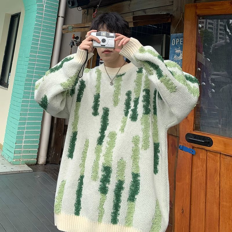 植絨提花情侶毛衣秋季ins美式潮流套頭針織衫寬鬆慵懶風情侶外套