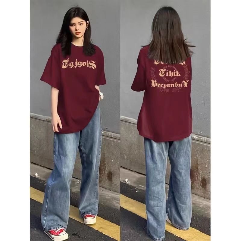 100%純棉美式復古字母印花酒紅色短袖t恤女夏季寬鬆小眾設計感上