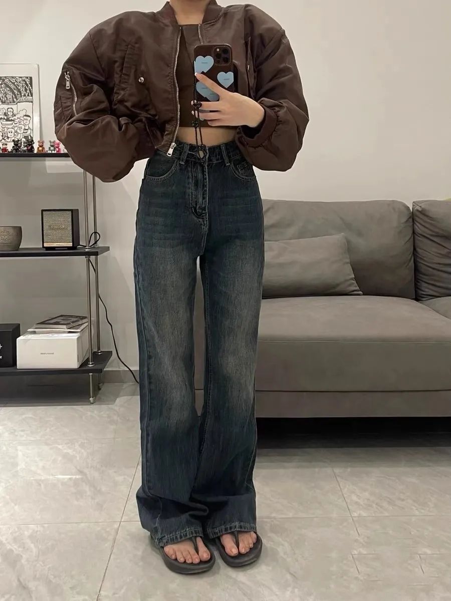 美式微喇闊腿牛仔褲女2023年秋冬季梨型身材高腰顯瘦寬鬆拖地長褲