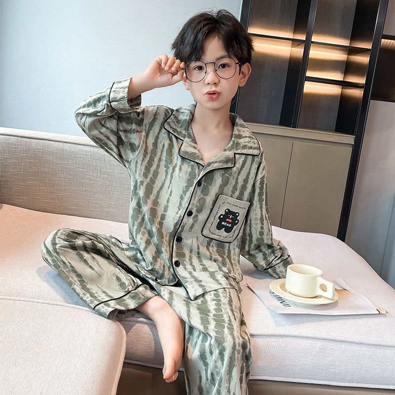 Boys pure cotton pajamas long sleeves 2023 new boys home clothes Internet celebrity popular big children's pajamas two-piece set