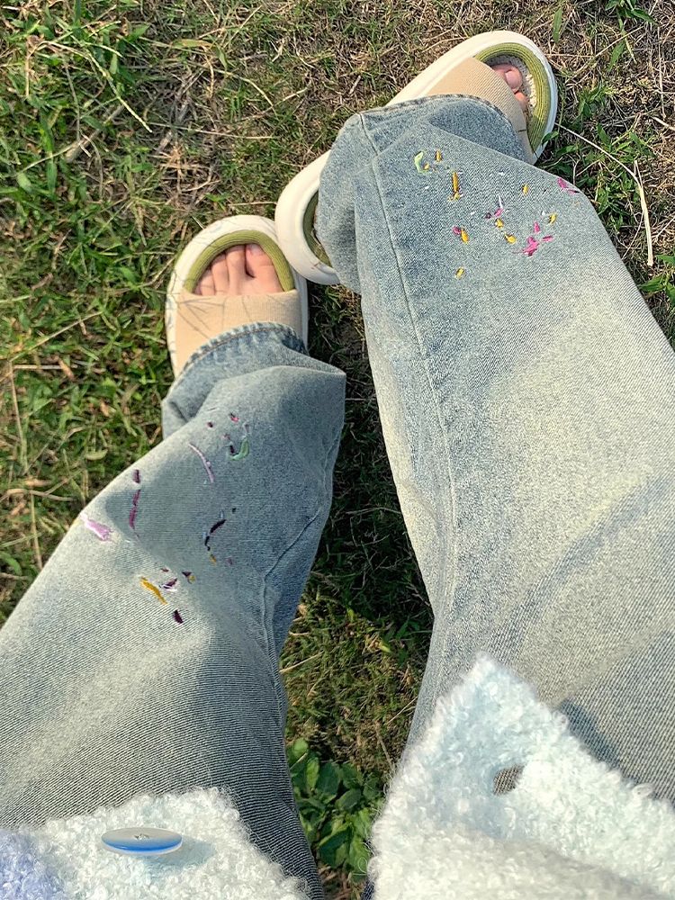刺繡復古闊腿牛仔褲女秋季新款高腰寬鬆遮肉顯瘦百搭直筒拖地褲子