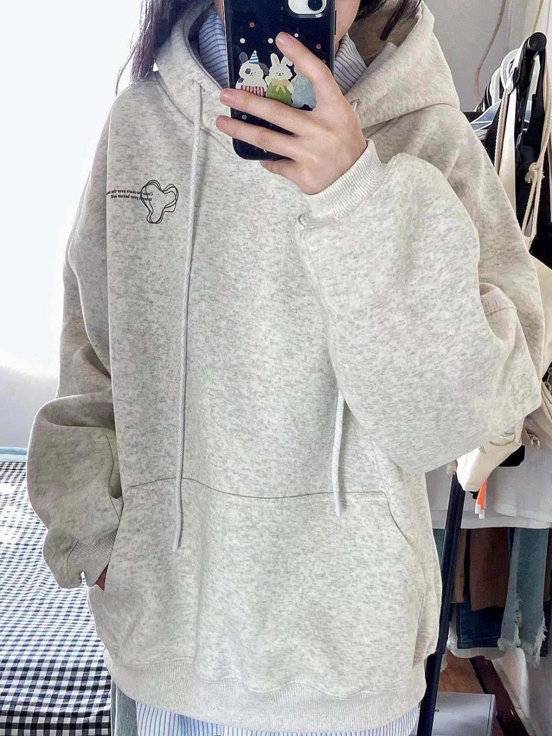 2023 spring and autumn printed gray pullover hooded sweatshirt for female students loose casual slim long-sleeved top