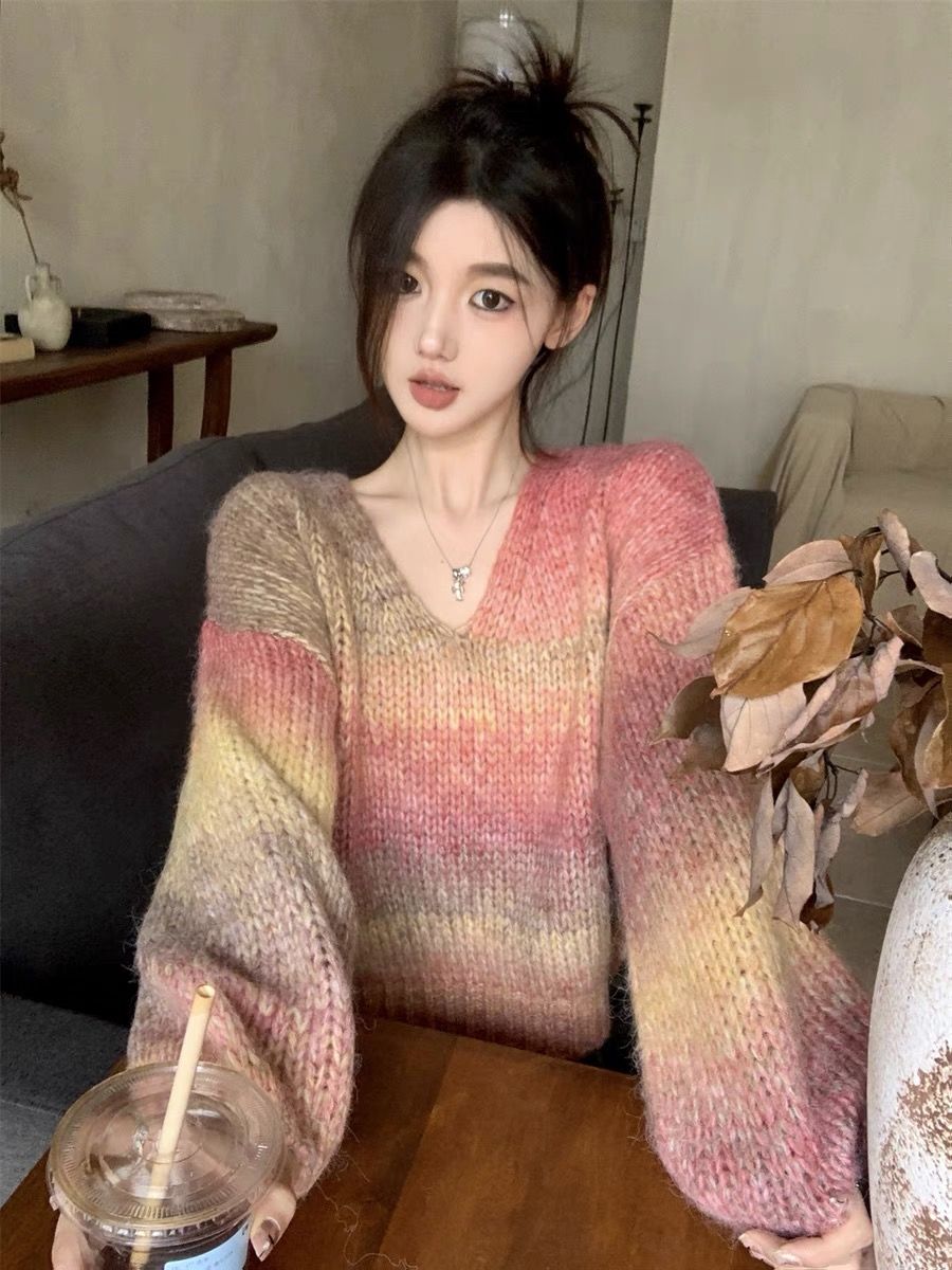 法式慵懶風撞色針織毛衣女裝秋季漸變色漂亮別致小衫寬鬆長袖上衣