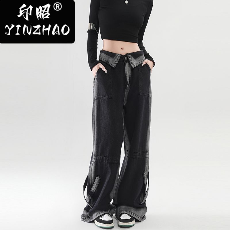 【印昭YINZHAO】牛仔褲美式高街腰個性秋季闊腿微喇顯瘦寬鬆潮牌