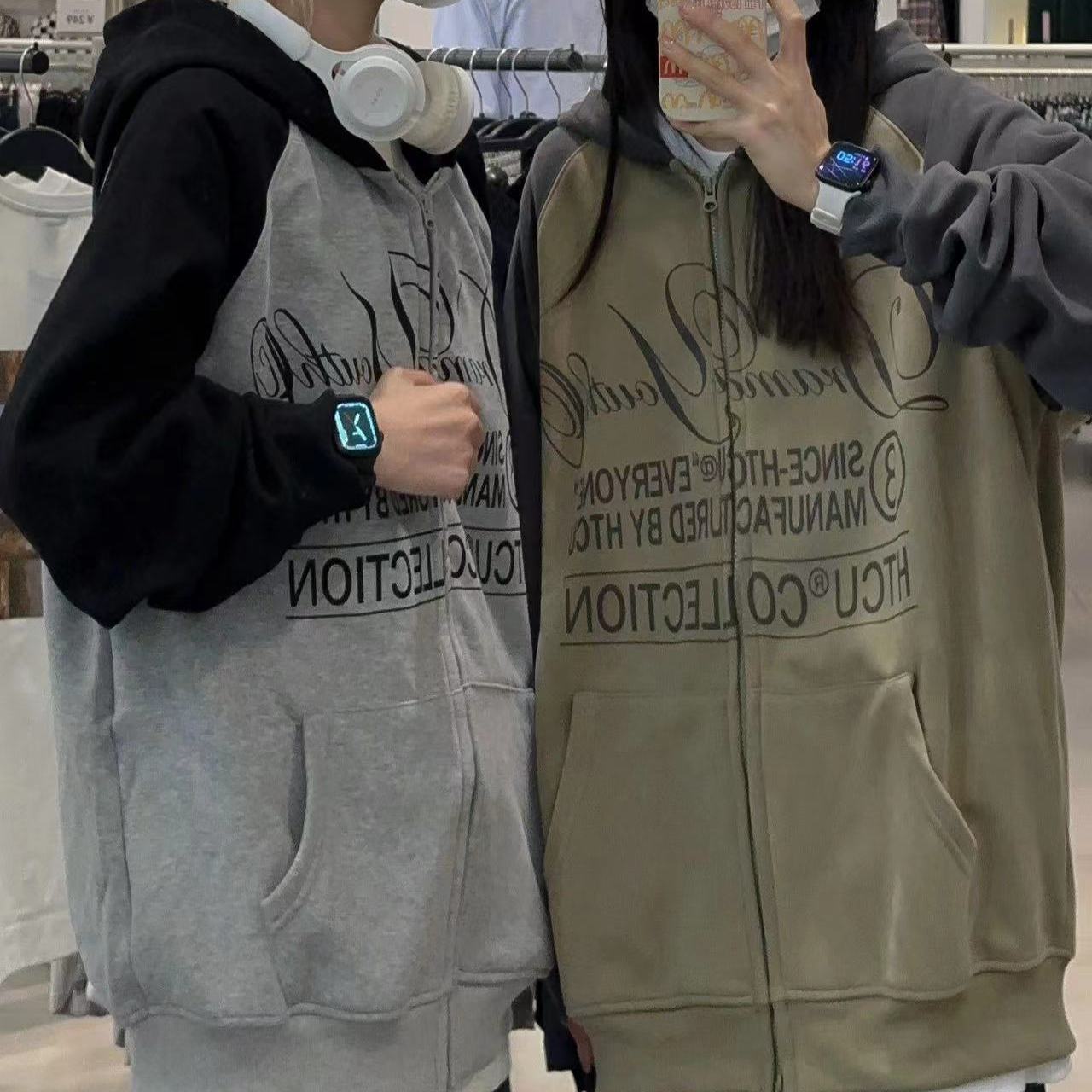 美式插袖復古綠連帽衛衣女2023春秋薄款寬鬆休閒百搭拉鏈外套開衫