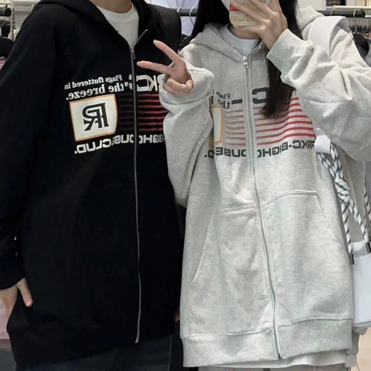 2023 spring and autumn gray printed hooded sweatshirt for female students loose casual lazy style zipper jacket cardigan trend