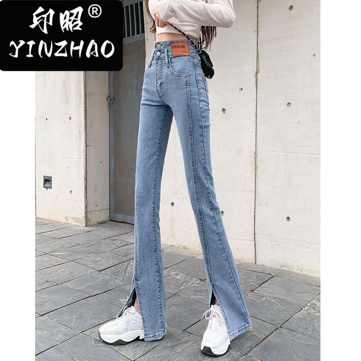 【印昭YINZHAO】開叉高腰顯喇叭褲子女微喇牛仔褲女秋季韓版新款