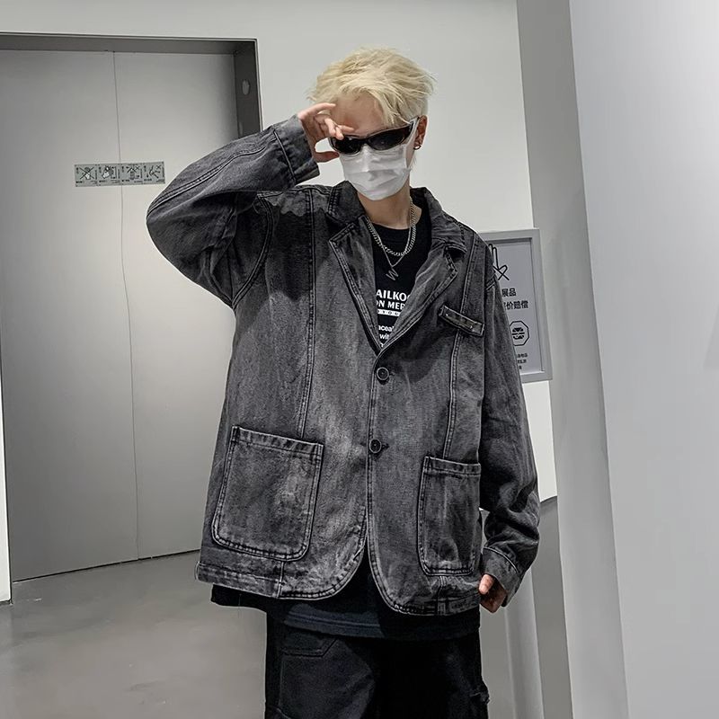 美式潮牌牛仔夾克男士春秋季設計感工裝上衣重磅寬鬆做舊西裝外套