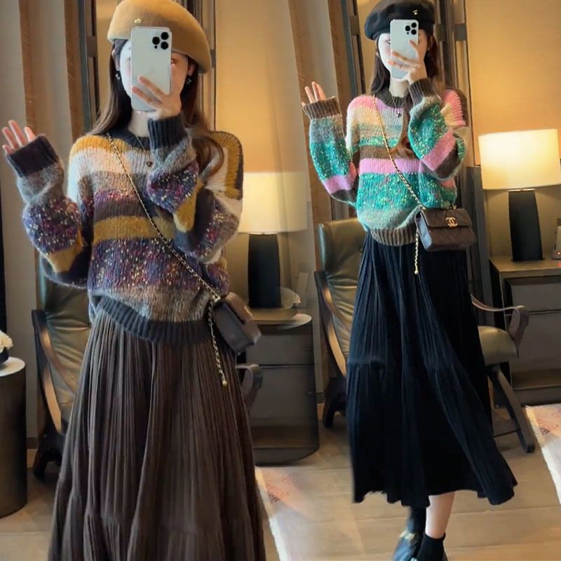 藍海奕諾寬鬆條紋毛衣百褶半身裙套裝女2023秋新款氣質顯瘦兩件套