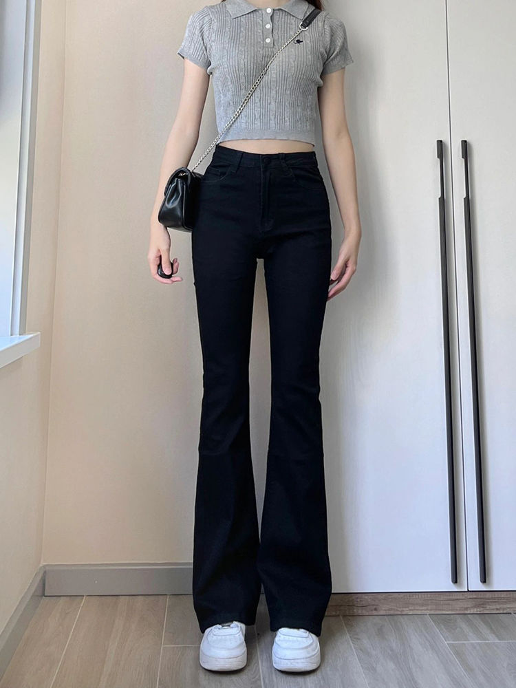黑色微喇牛仔褲女秋季新款辣妹高腰緊身彈力顯瘦百搭直筒喇叭褲子