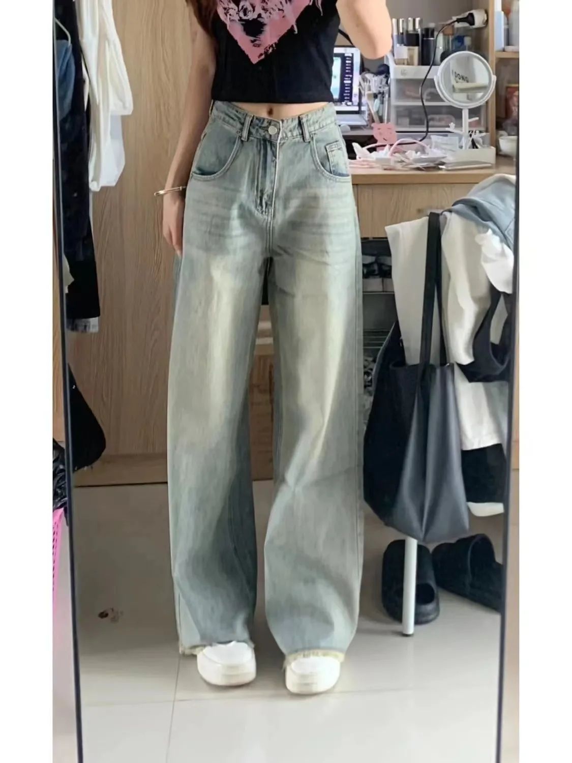 復古做舊高腰牛仔褲女2023秋季新款高腰寬鬆顯瘦直筒拖地闊腿褲潮