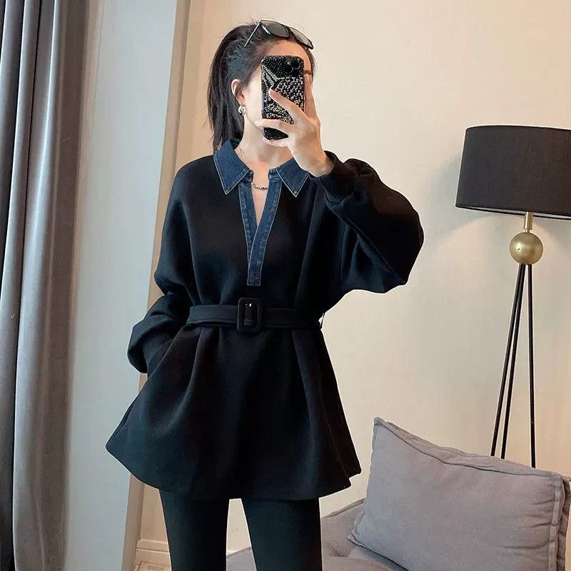 大碼女2023春秋新款收腰牛仔拼接襯衫外套胖mm顯瘦遮肚中長款上衣