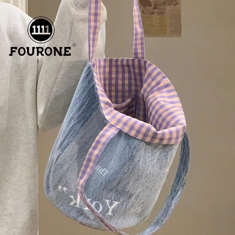 Denim Canvas Bag Women's New Korean Printed Tote Bag Student Class Large Capacity Shopping Bag