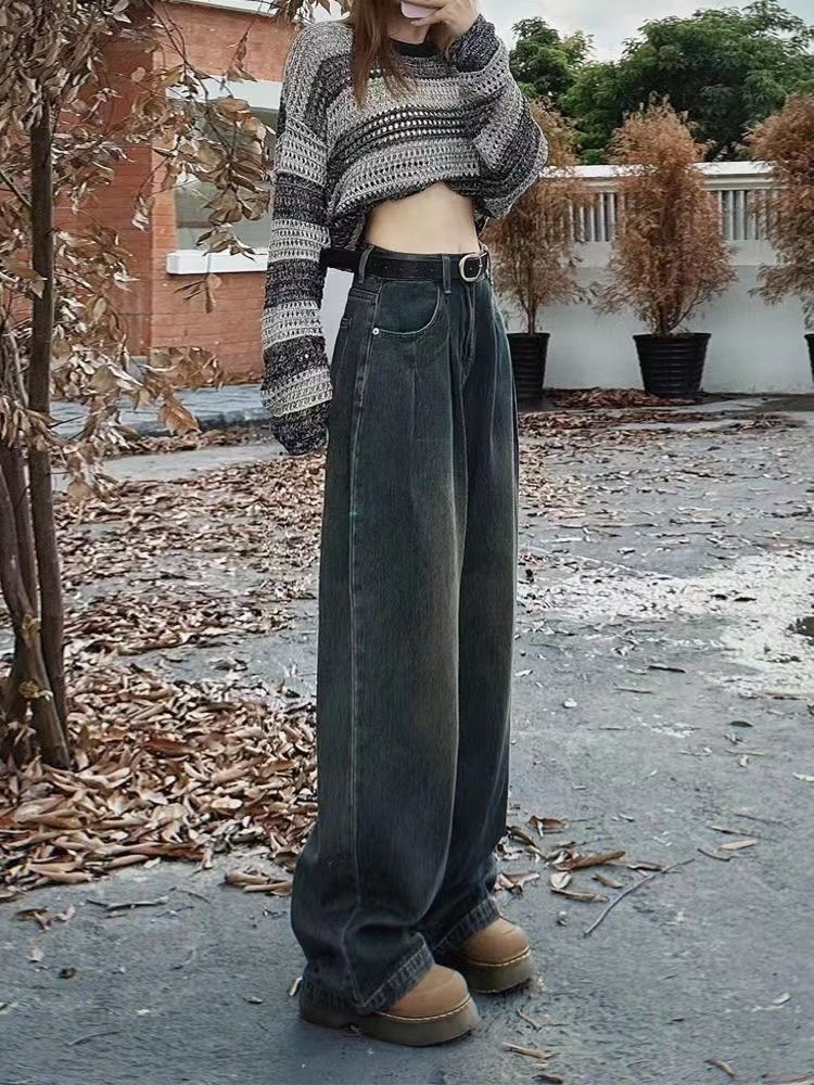 美式高街直筒牛仔褲女春秋新款褶皺設計感高腰寬鬆顯瘦垂感闊腿褲