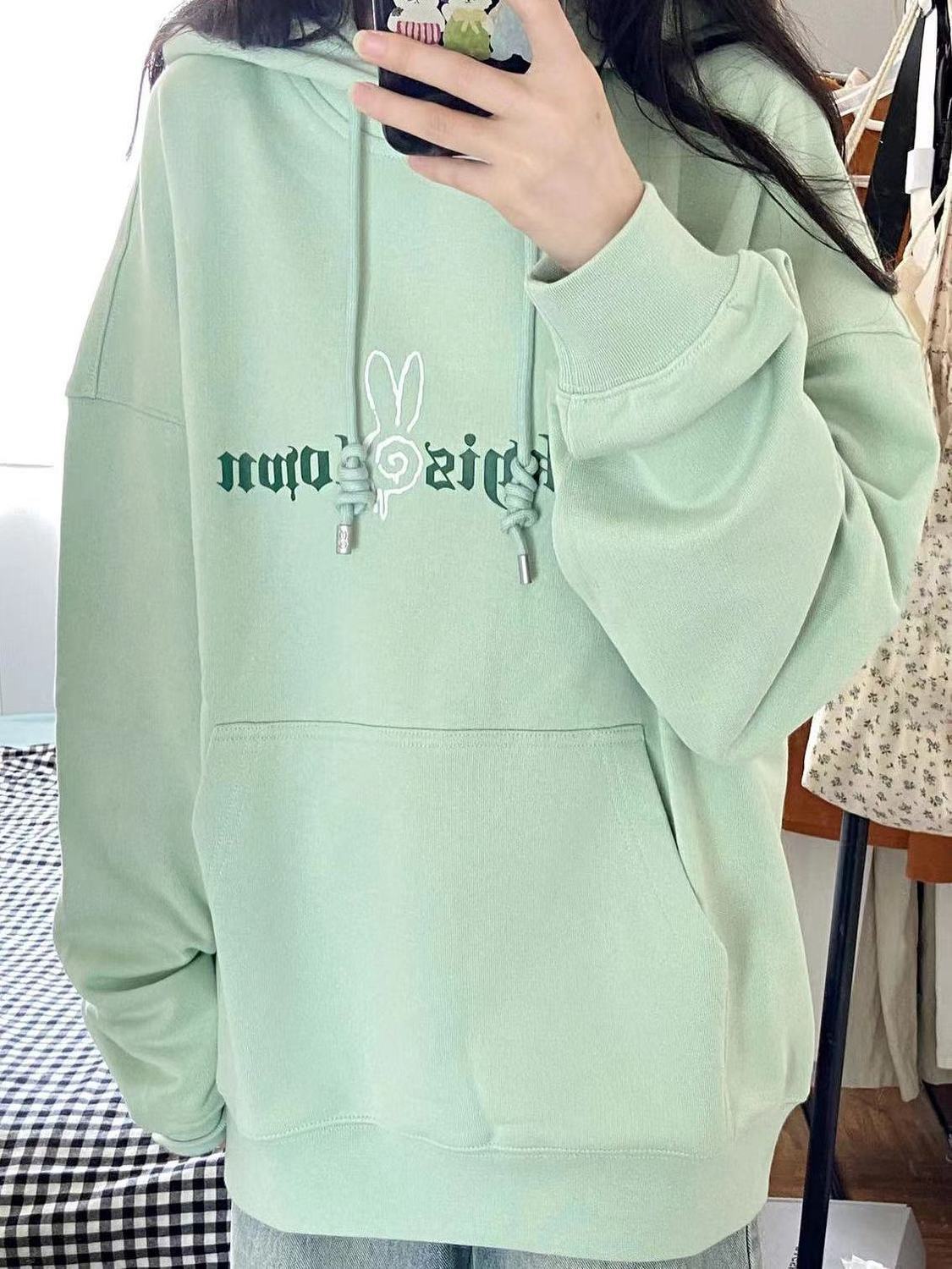 Spring and Autumn super white milk green printed pullover hooded sweatshirt for women loose casual slim long-sleeved top