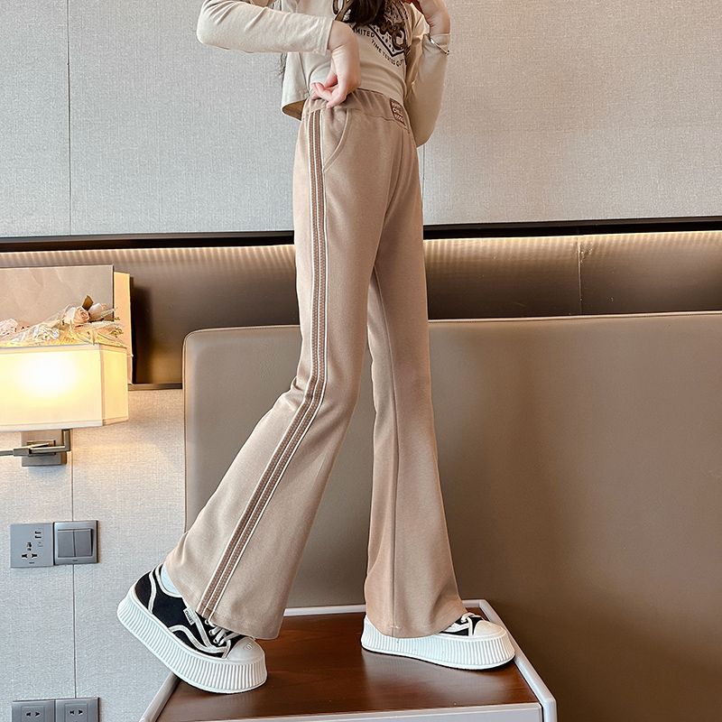 女童褲子春秋冬款洋氣喇叭褲兒童休閒褲大童冬季加絨黑色微喇長款