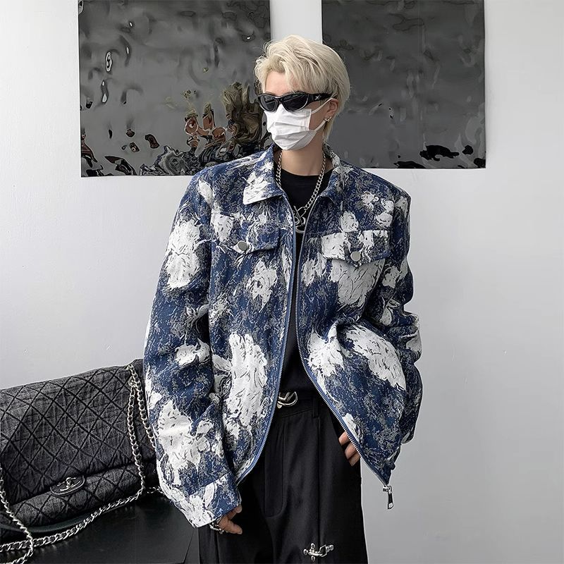 潮牌提花墊肩夾克男秋季美式高街vibe牛仔外套寬鬆痞帥設計感上衣
