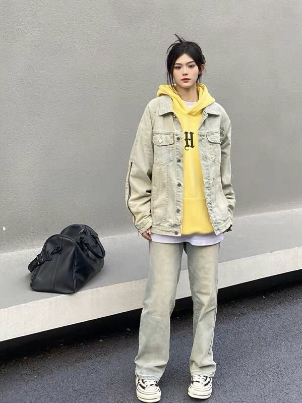 做舊黃泥牛仔褲女2023年新款美式水洗做舊高腰顯瘦窄版修身直筒褲