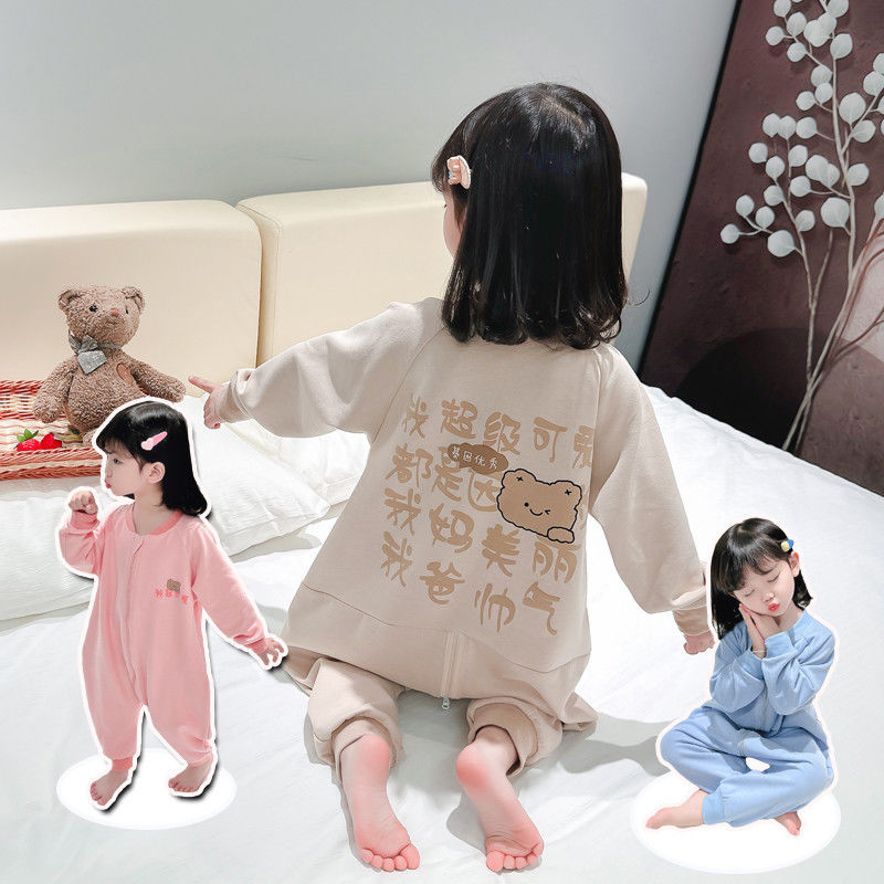 Children's one-piece pajamas, baby long-sleeved home clothes, male and female babies spring and autumn 2023 new style German velvet sleeping bag anti-kick quilt