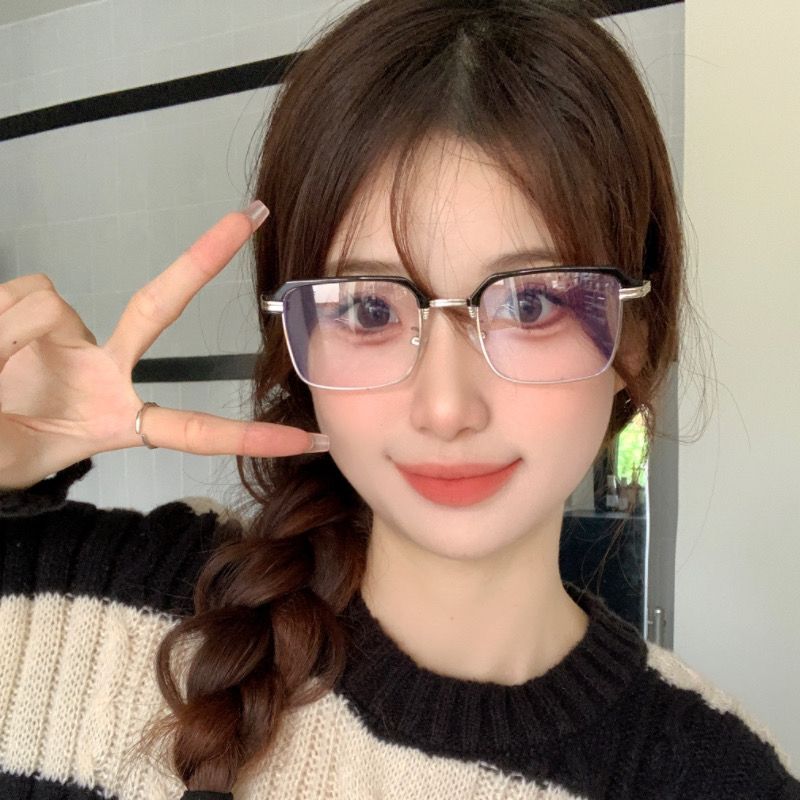 防藍光半框眼鏡女素顏斯文復古理工男平光鏡可配度數近視鏡架