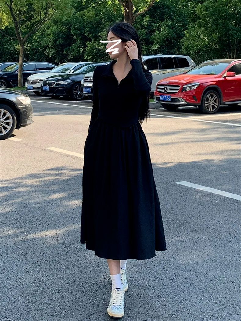 筱姿时尚2023新款黑色赫本风长袖连衣裙收腰显瘦垂坠感气质长裙子