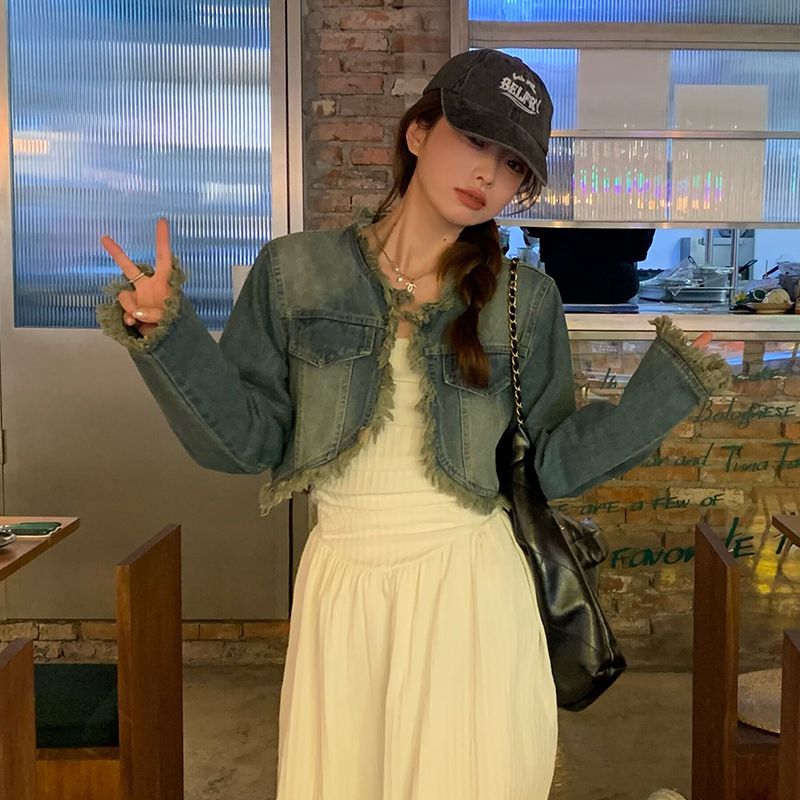 港風復古無領流蘇牛仔外套女秋冬款設計感小個子寬鬆短款炸街上衣
