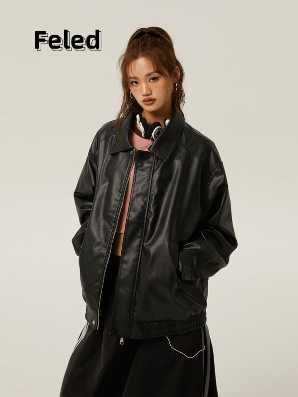 Feila Denton Maillard versatile loose slim leather jacket men and women American retro personality jacket top